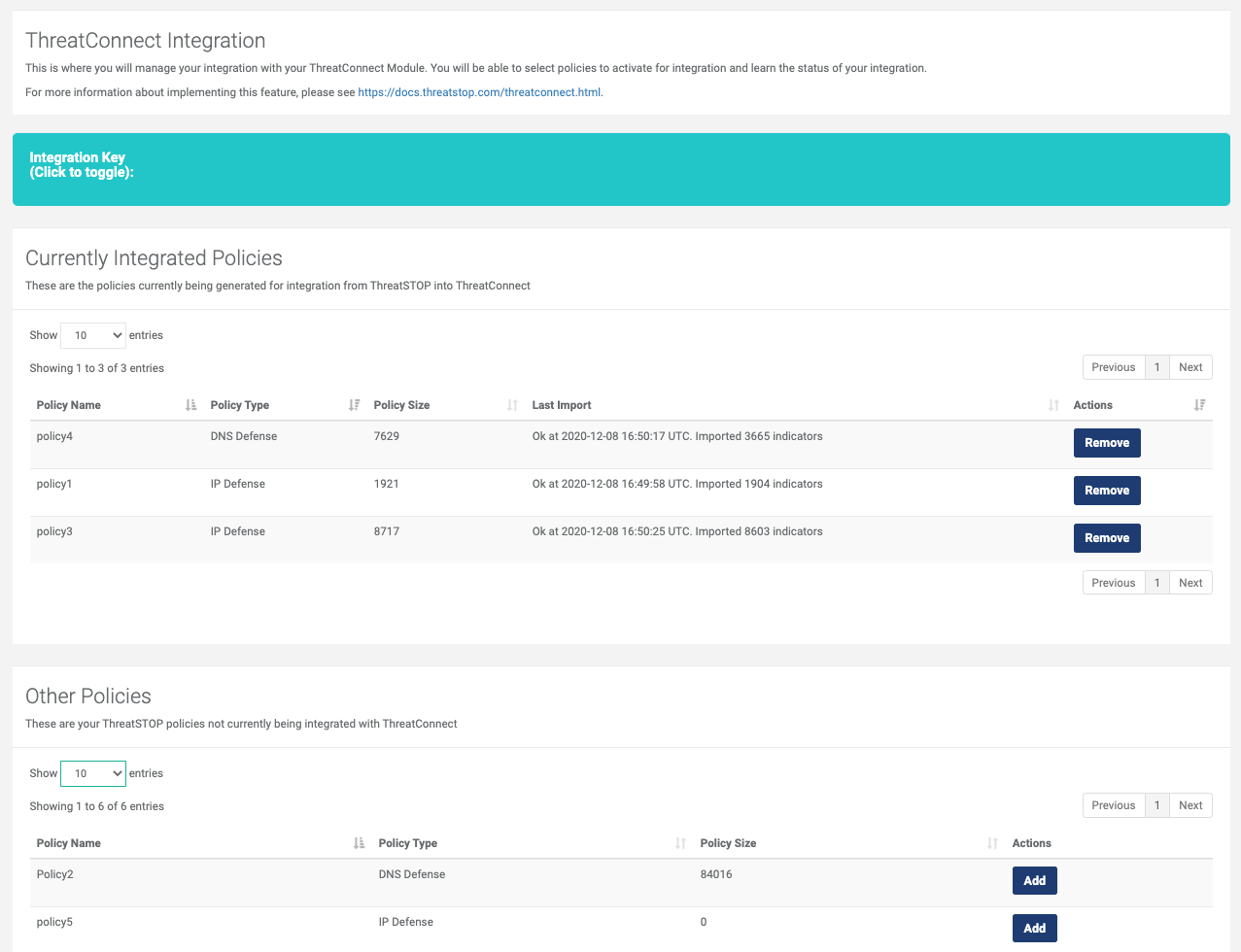 ThreatSTOP console adding ThreatConnect